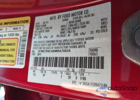 2021 Ford Bronco Sport Outer Banks z USA, uszkodzony, nr VIN 3FMCR9C68MRA76834